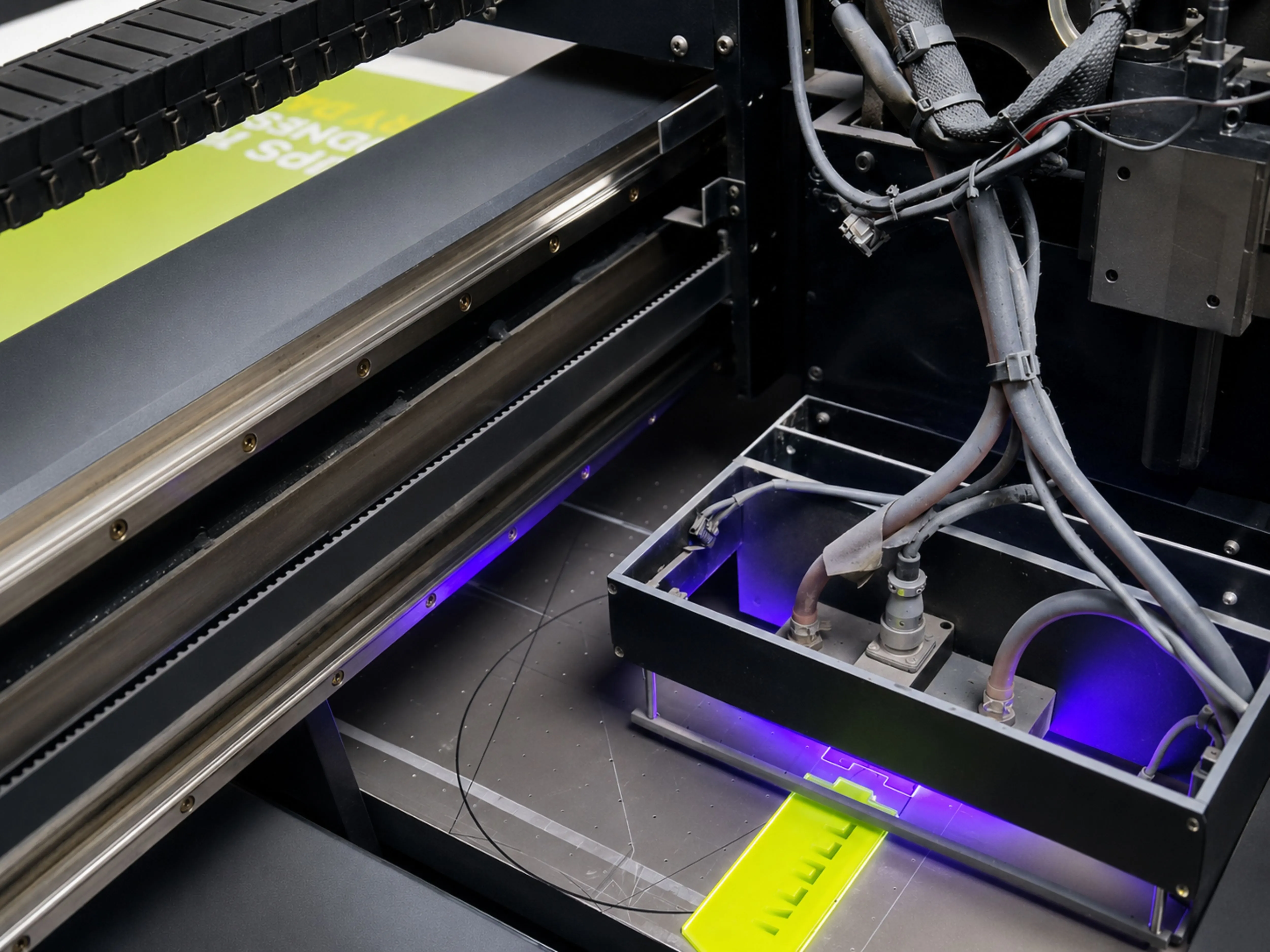 UV flatbed printer mid-pass laying ink onto a neon-green substrate