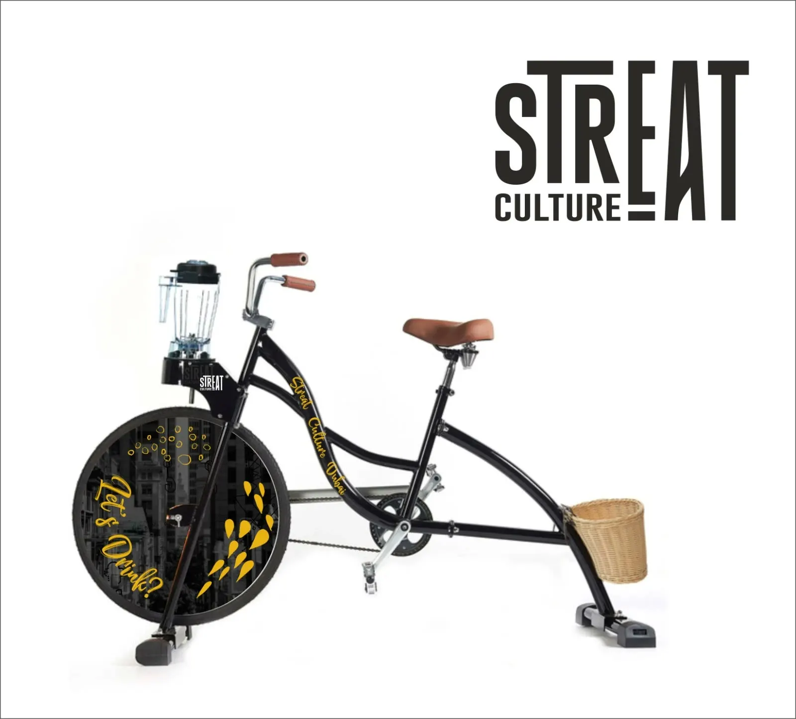 Design mockup of the StrEat Culture blender bike: black frame, grey cityscape wheel disc with gold drops, Let's Drink? lettering