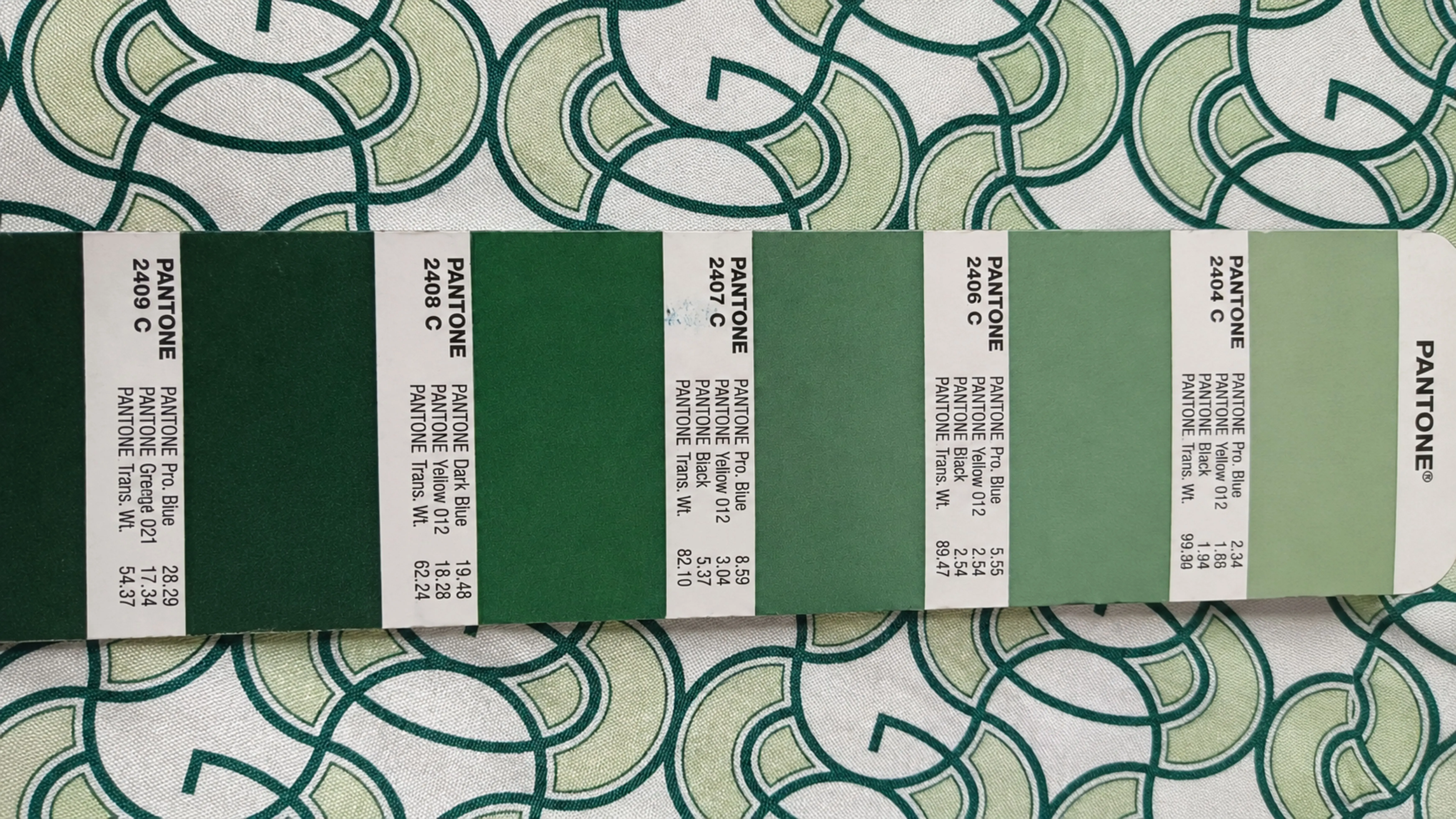 Pantone strip 2404–2409 C laid across the printed Graff fabric for colour matching